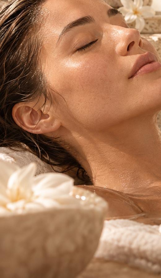 Mujer serena en el agua junto a un cuenco con una flor