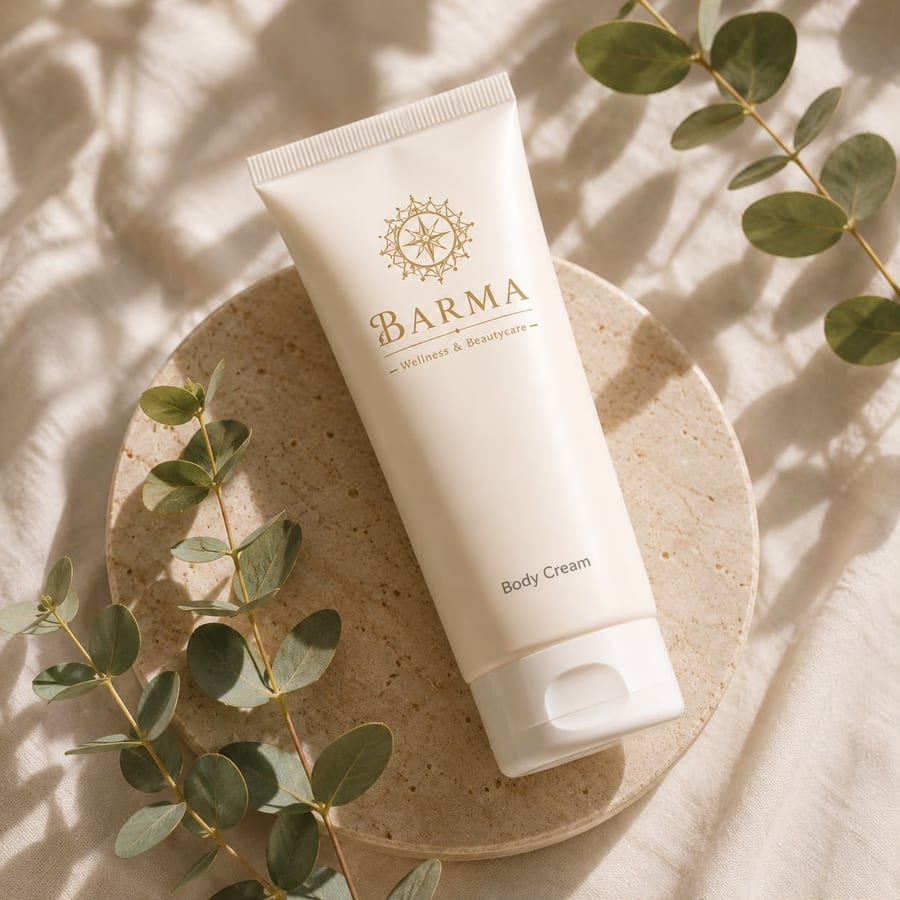Body Cream de BARMA sobre piedra con ramas de eucalipto
