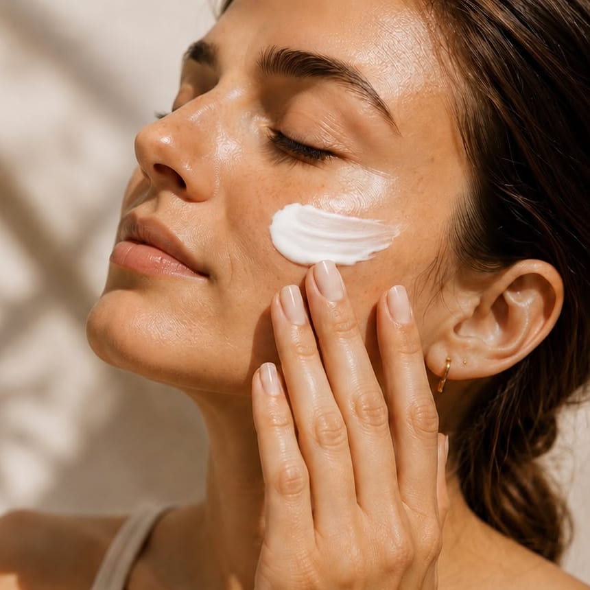 Mujer aplicándose crema en el rostro con luz natural