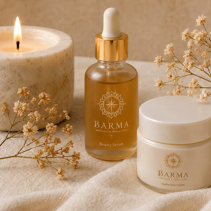 Sérum y crema de BARMA junto a una vela y flores secas