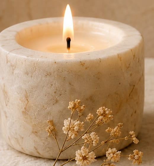 Vela encendida en un recipiente de mármol con flores secas